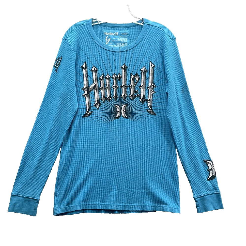 Hurley Waffle T-Shirt Men Large Blue Thermal Surf Skate Ski Y2k Biker Grunge 90s